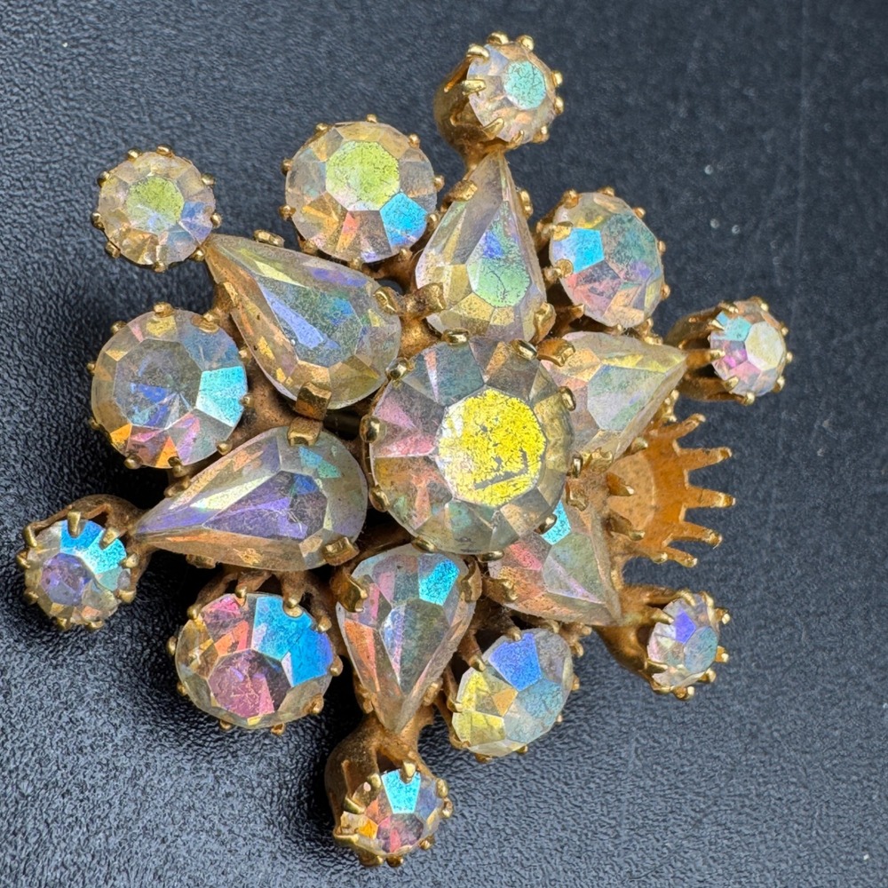 Vintage Made in Austria Aurora Borealis Starburst Brooch‎ Gold Tone MCM 1.5 in